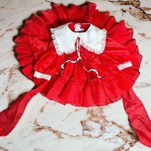 MARTHA'S MINIATURES-Were Fussy  Full Circle Red Ruffle Lace Stripe Dress Size 3T